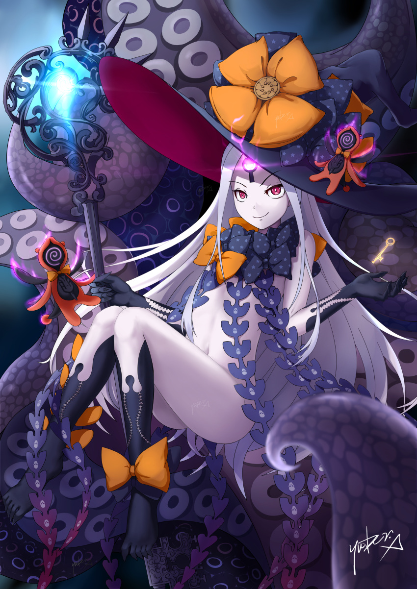>:), 1girl, abigail_williams_(fate/grand_order), absurdres, ass, bangs, black_bow, black_gloves
