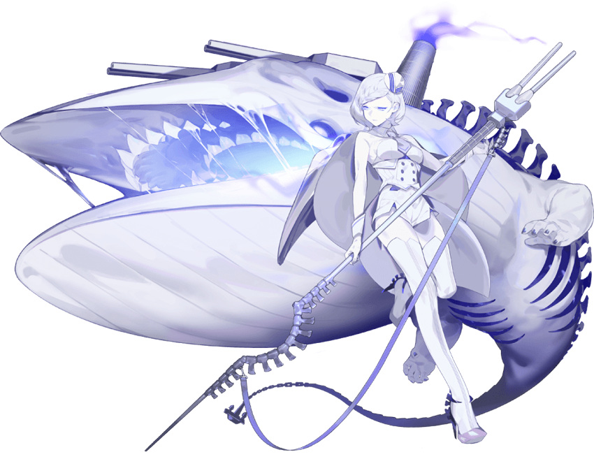 1girl, abyssal_pacific_hime, adapted_turret, akira_(kadokawa), anchor, blue_eyes, blue_whale, bob_cut, cape, chain, detached_collar, full_body, glowing_mouth, harpoon, high_heels, holding, holding_weapon, kantai_collection, knee_up, leaning_back, looking_to_the_side, necktie, official_art, plantar_flexion, shinkaisei-kan, smokestack, solo, spine, spines, strap, strappy_heels, teeth, thigh-highs, turret, waist_cape, weapon, white_hair, white_legwear, white_skin, wrist_cuffs, zettai_ryouiki