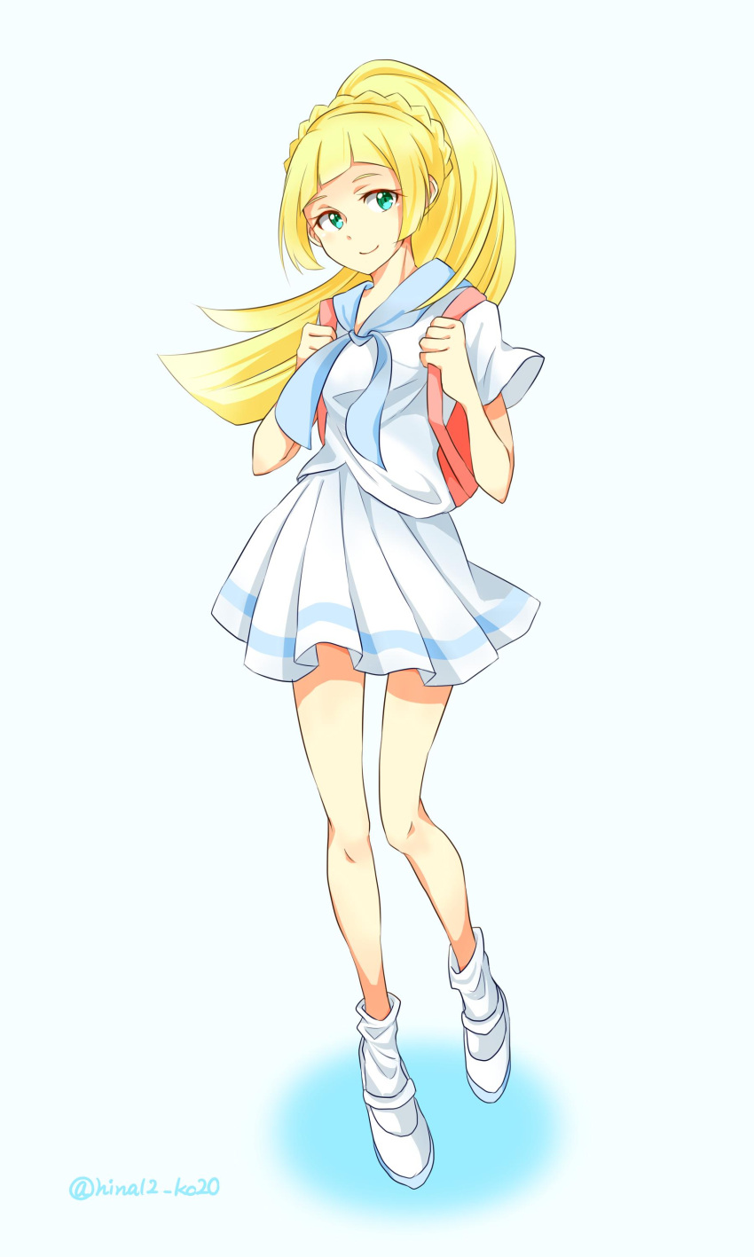 1girl, absurdres, backpack, bag, blonde_hair, commentary_request, green_eyes, highres, hina12_ko20, lillie_(pokemon), pink_backpack, pokemon, pokemon_(game), pokemon_sm, ponytail, skirt, smile, white_skirt