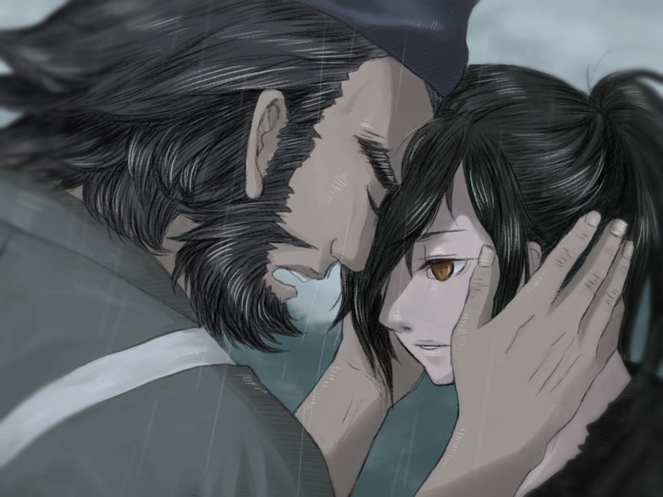 2boys, beard, black_hair, brown_eyes, closed_eyes, dororo_(tezuka), facial_hair, forehead-to-forehead