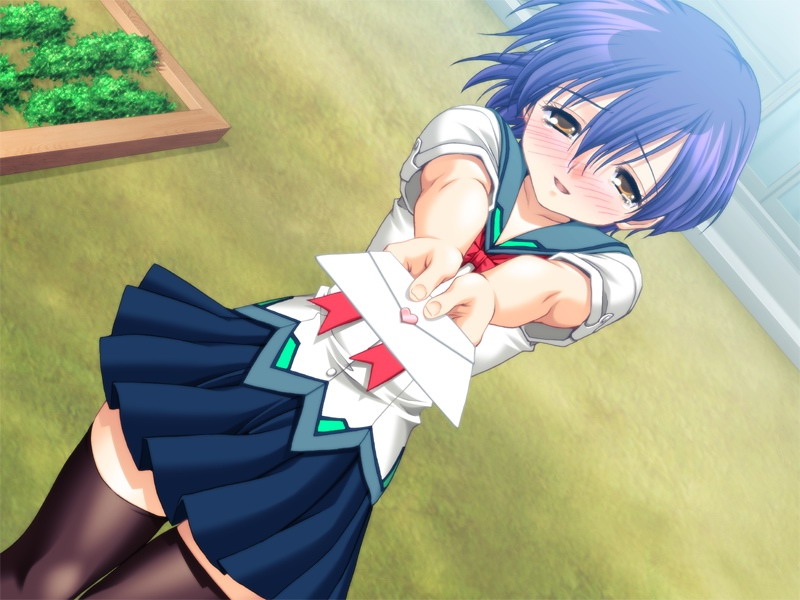 blue_hair, blush, brown_eyes, confession, dutch_angle, game_cg, letter, love_letter