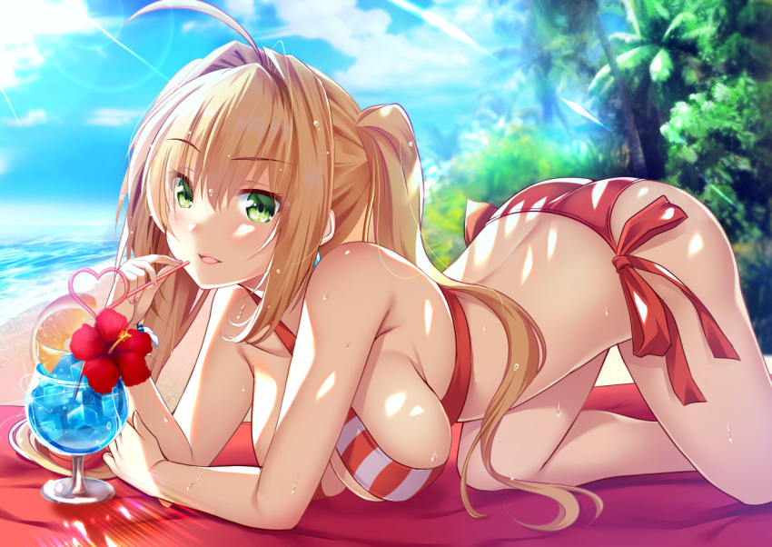 1girl, ahoge, all_fours, bangs, beach, beach_mat, bikini, blonde_hair