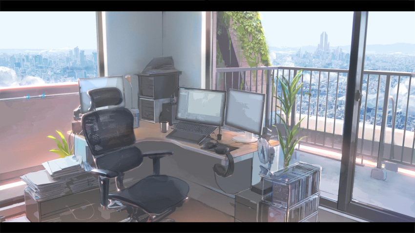 balcony, building, chair, city, cityscape, clouds, commentary, computer