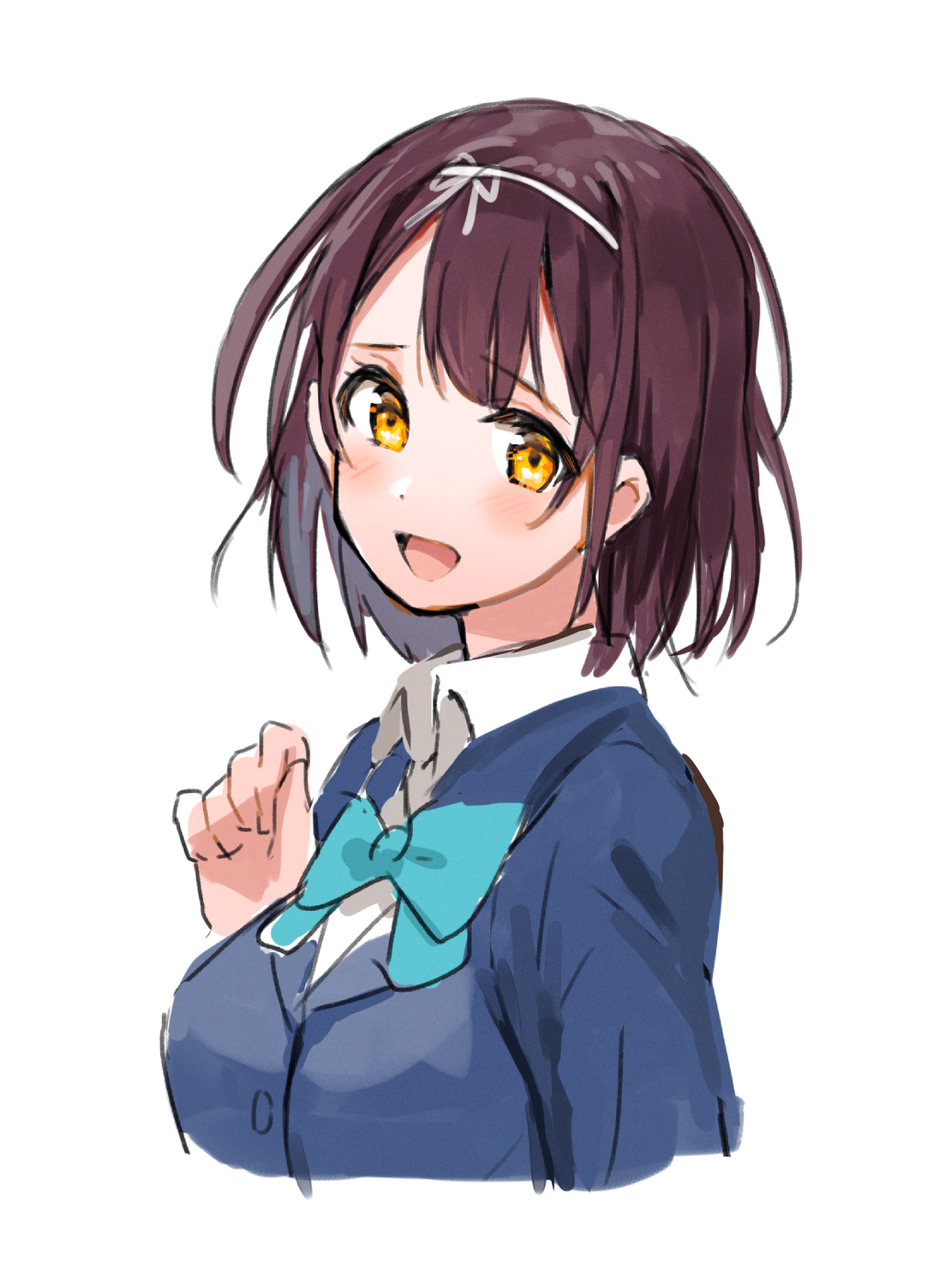 1girl, :d, battle_girl_high_school, blazer, blue_bow, blue_jacket, blush, bow