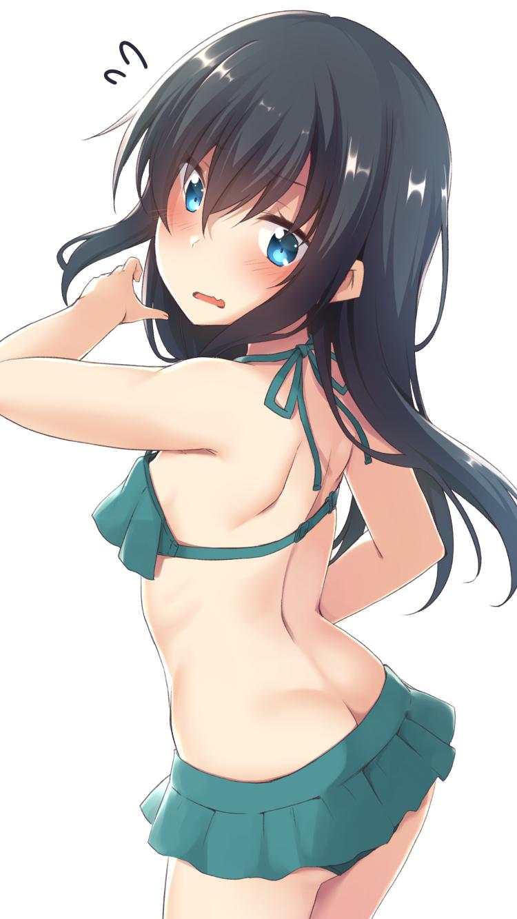 1girl, arm_up, asashio_(kantai_collection), ass, back, bangs, bare_arms, bare_shoulders