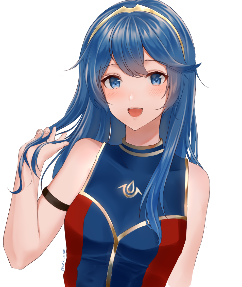 1girl, :d, arm_strap, bangs, bare_arms, bare_shoulders, blue_eyes, blue_hair