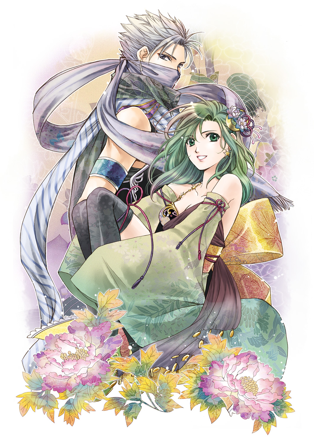 1girl, adult, bow, breasts, cleavage, detached_sleeves, edward_geraldine, final_fantasy