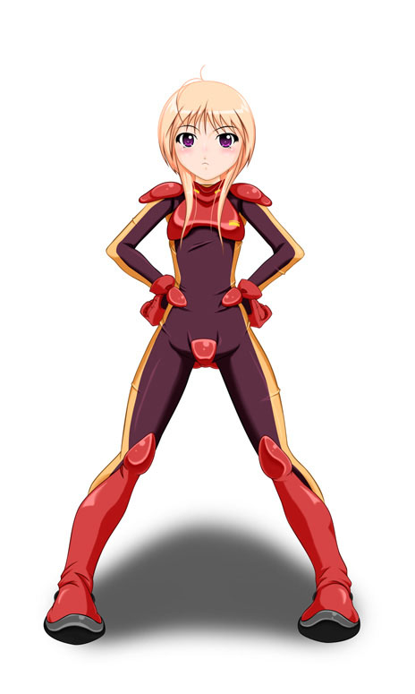 blonde_hair, gloves, gundam, gundam_zz, hands_on_hips, kimchige, ple_2, purple_eyes, puru_two, short_hair, violet_eyes