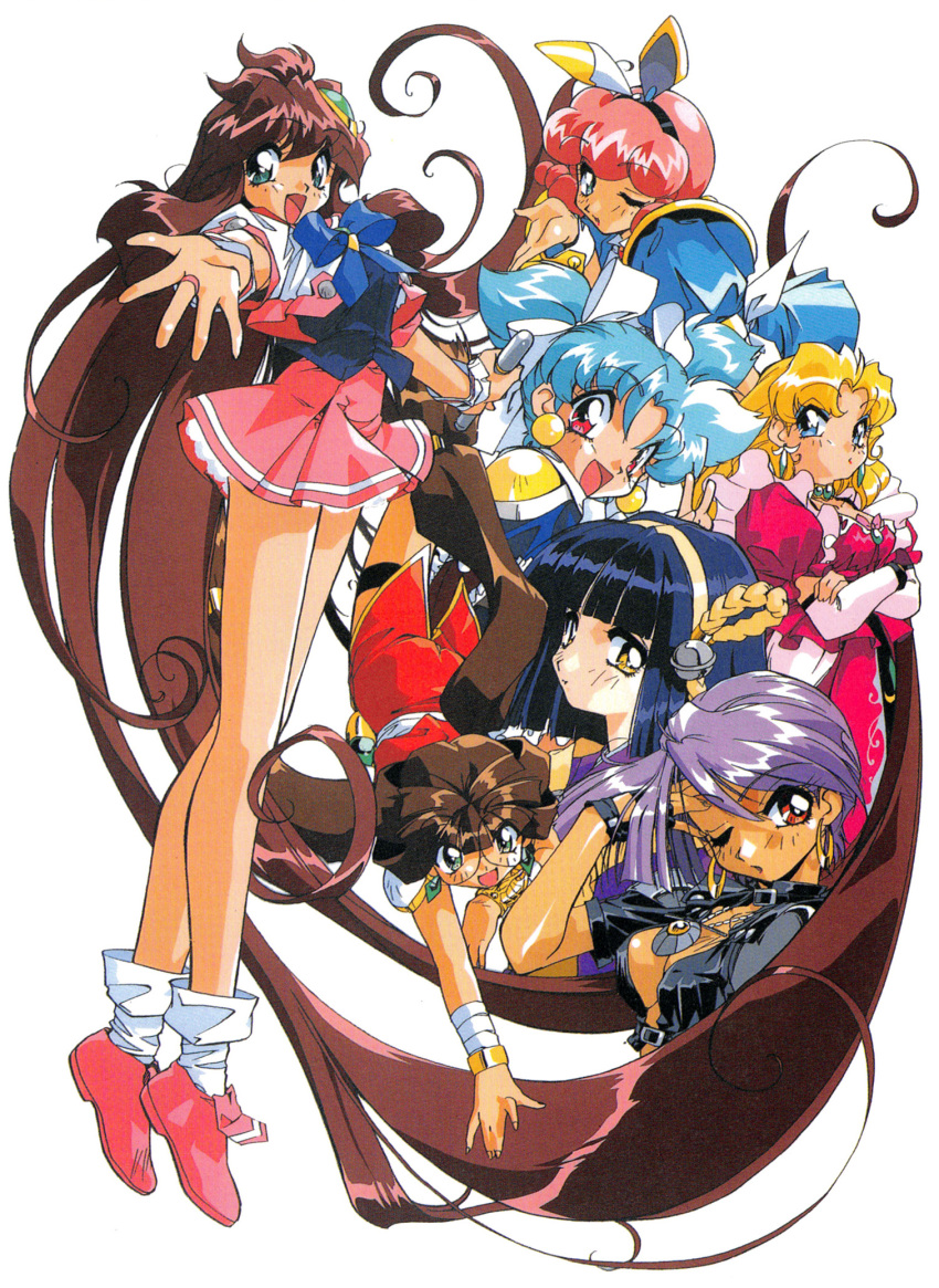 6+girls, 90s, absurdly_long_hair, animal_ears, aqua_eyes, bangs, black_hair, blonde_hair, blown_kiss, blue_eyes, blue_hair, blunt_bangs, bridal_gauntlets, brown_eyes, brown_hair, corvette_hiyards, crossed_arms, detached_sleeves, dress, earrings, eyebrows_visible_through_hair, eyeshadow, fake_animal_ears, green_eyes, hair_ornament, hairband, hand_on_own_face, highres, idol_project, jewelry, kaidou_extra, long_hair, makeup, mimu_emilton, multiple_girls, noritaka_suzuki, official_art, one_eye_closed, open_mouth, outstretched_arm, pink_hair, puffy_sleeves, purple_hair, rabbit_ears, ranrang_palpu, red_eyes, redhead, rimless_eyewear, round_eyewear, ruka_essenpolka, scan, short_hair, short_sleeves, short_twintails, simmons_layla-b., simple_background, suzukaze_shion, twintails, very_long_hair, white_background, yellow_eyes