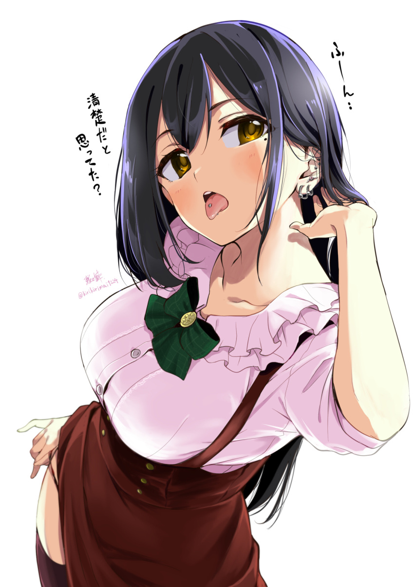 1girl, bangs, black_hair, blush, bow, bowtie, breasts, collarbone