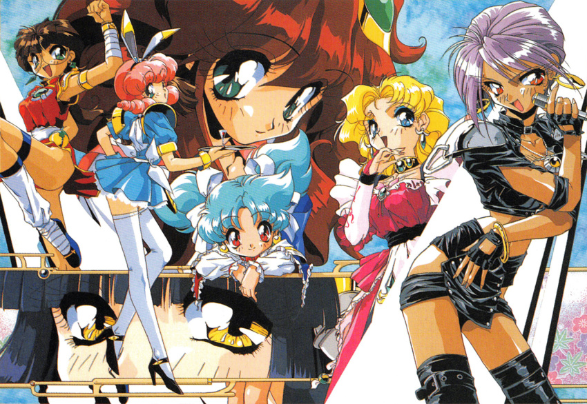 6+girls, 90s, animal_ears, aqua_eyes, arm_up, armlet, black_footwear, black_gloves