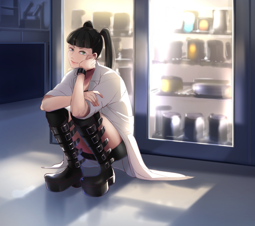 1girl, abigail_sciuto, bangs, belt_boots, black_footwear, black_hair, blunt_bangs, boots, buckle, cabinet, closed_mouth, green_eyes, highres, knee_boots, labcoat, long_hair, long_sleeves, looking_at_viewer, ncis, platform_footwear, saba_(sabatora), sleeves_rolled_up, smile, solo, squatting, thighs, twintails, wedge_heels