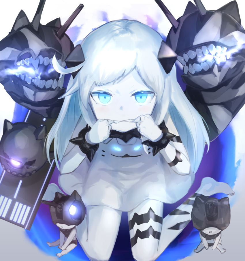 1girl, barefoot, blue_eyes, bracelet, commentary_request, dress, glowing, glowing_eyes