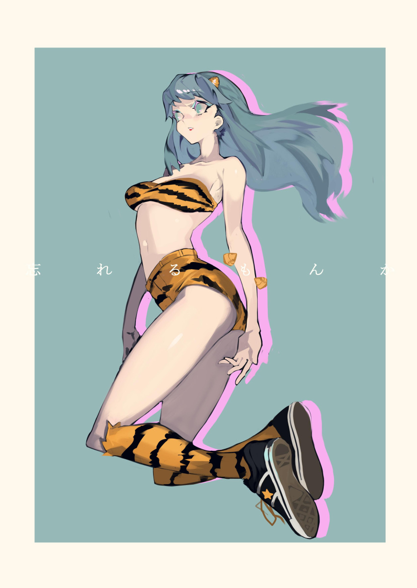 1girl, absurdres, animal_print, balance_(superdust), bandeau, bangs, bare_arms, bare_shoulders