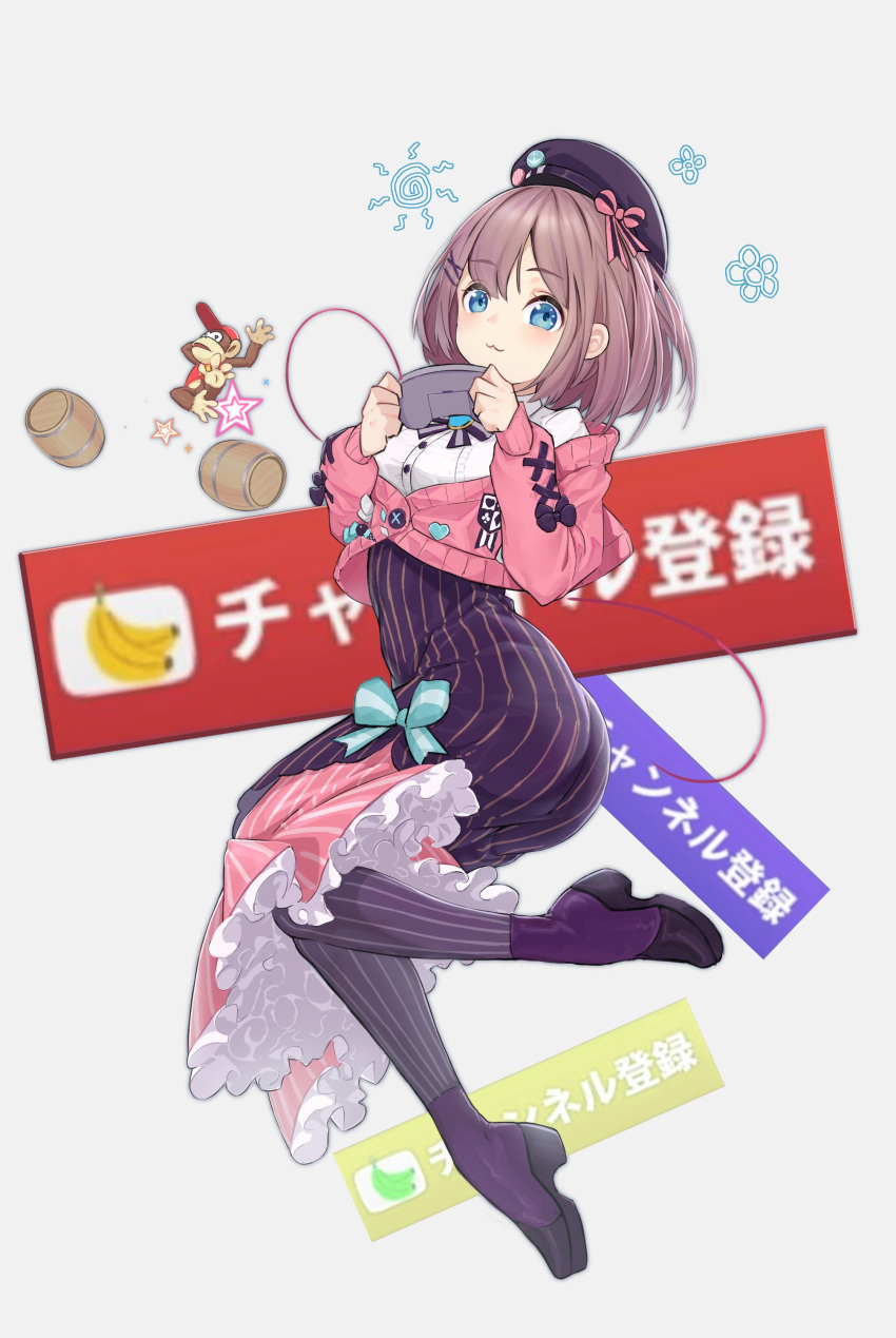 1girl, :3, absurdres, banana, bangs, barrel, beret, blue_bow, blue_eyes, bow, brown_hair, buttons, closed_mouth, commentary, diddy_kong, donkey_kong_country, donkey_kong_country_2, dress, equan_tk, food, fruit, full_body, hair_between_eyes, hat, high_heels, highres, holding_controller, jumping, looking_at_viewer, nijisanji, pink_cardigan, purple_dress, purple_footwear, shirt, skirt, striped, striped_dress, striped_legwear, subscribe_button, suzuhara_lulu, vertical-striped_legwear, vertical-striped_skirt, vertical_stripes, virtual_youtuber, white_shirt
