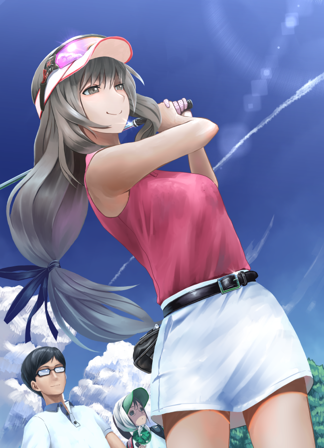 1boy, 2girls, abazu-red, alternate_hairstyle, arms_up, bandana, baseball_cap, belt