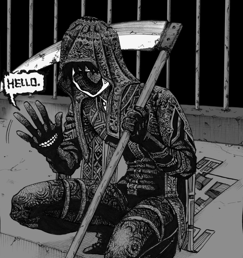 1boy, black_footwear, black_gloves, black_hair, commentary, cracked, cracked_floor, death_(entity)