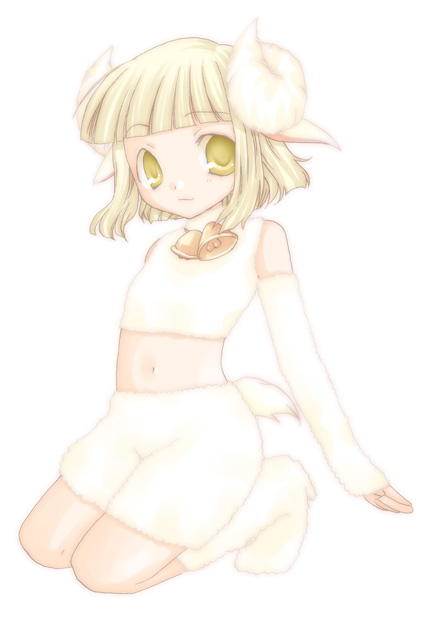 bell, blonde_hair, child, horns, kneeling, kokono_coco, midriff, navel