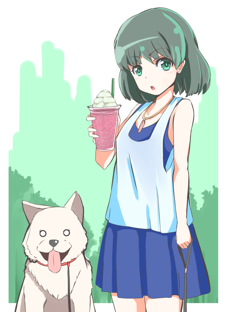 1girl, bare_arms, breasts, brown_hair, casual, commentary_request, dog, drink
