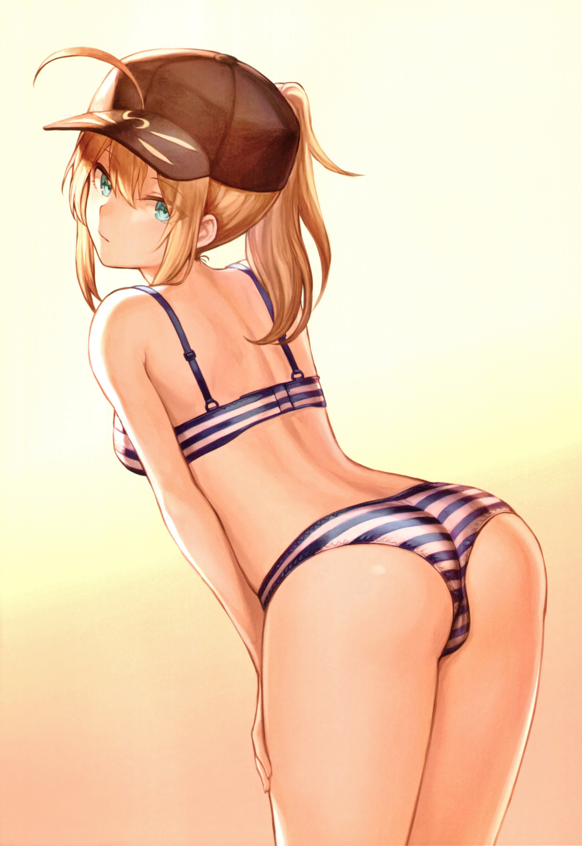 1girl, absurdres, artoria_pendragon_(all), ass, bangs, bare_shoulders, baseball_cap, blonde_hair