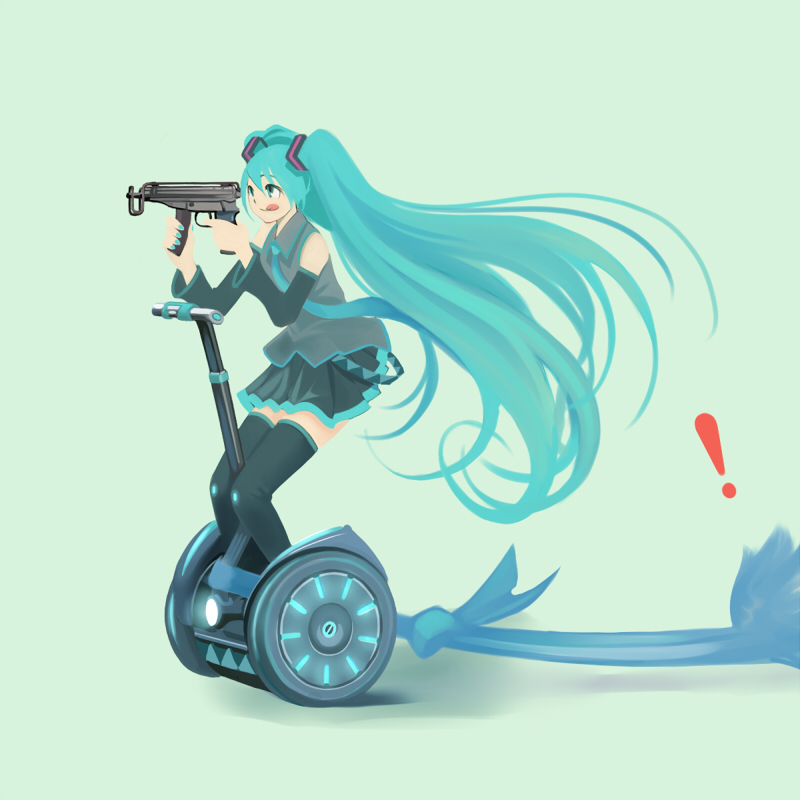 aqua_hair, gun, hatsune_miku, kaito, kotetsu_motoya, long_hair, nail_polish, segway