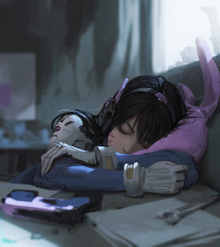 1girl, blue_bodysuit, blurry, blurry_foreground, bodysuit, brown_hair, bunny_pillow, closed_eyes, commentary, d.va_(overwatch), depth_of_field, derivative_work, english_commentary, facial_mark, gloves, gun, handgun, headphones, highres, long_hair, overwatch, photo-referenced, photorealistic, pillow, pilot_suit, pistol, rui_li, shoulder_pads, sleeping, solo, weapon, whisker_markings, white_gloves, wrench