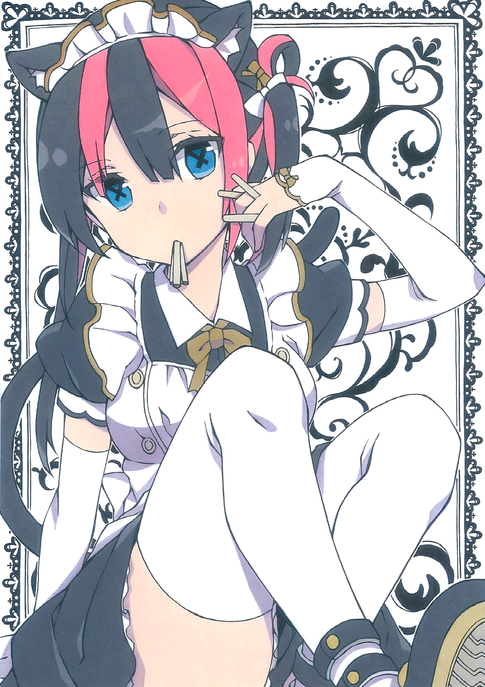 1girl, 310_(garnetsato), animal_ears, apron, arm_warmers, bangs, black_dress, black_footwear