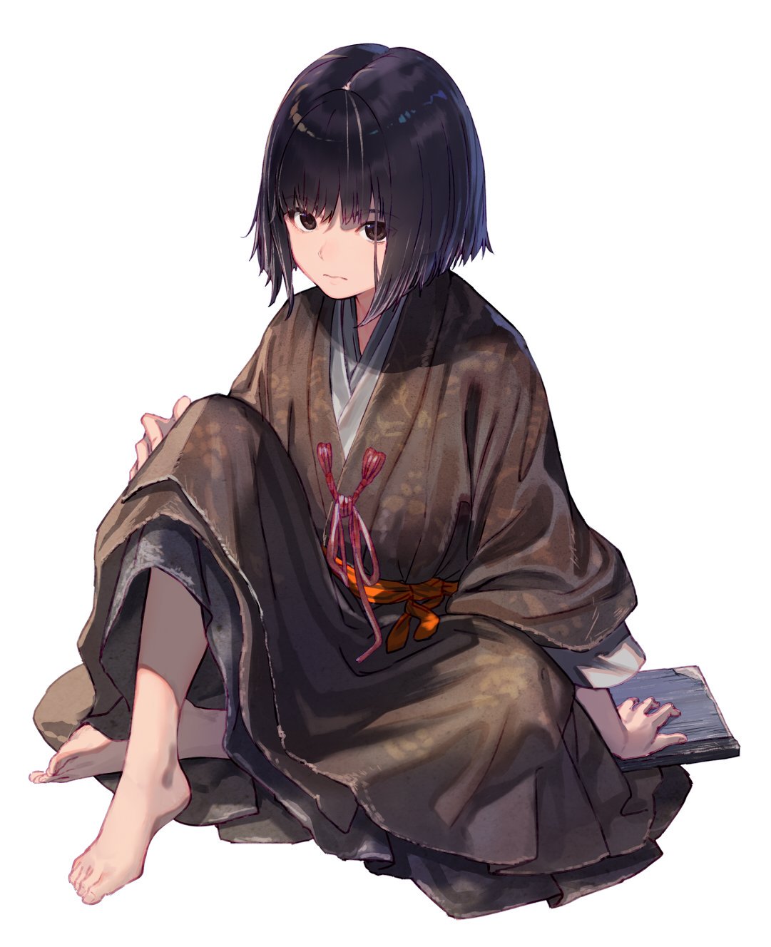 1boy, bangs, barefoot, black_hair, book, brown_eyes, brown_kimono, closed_mouth