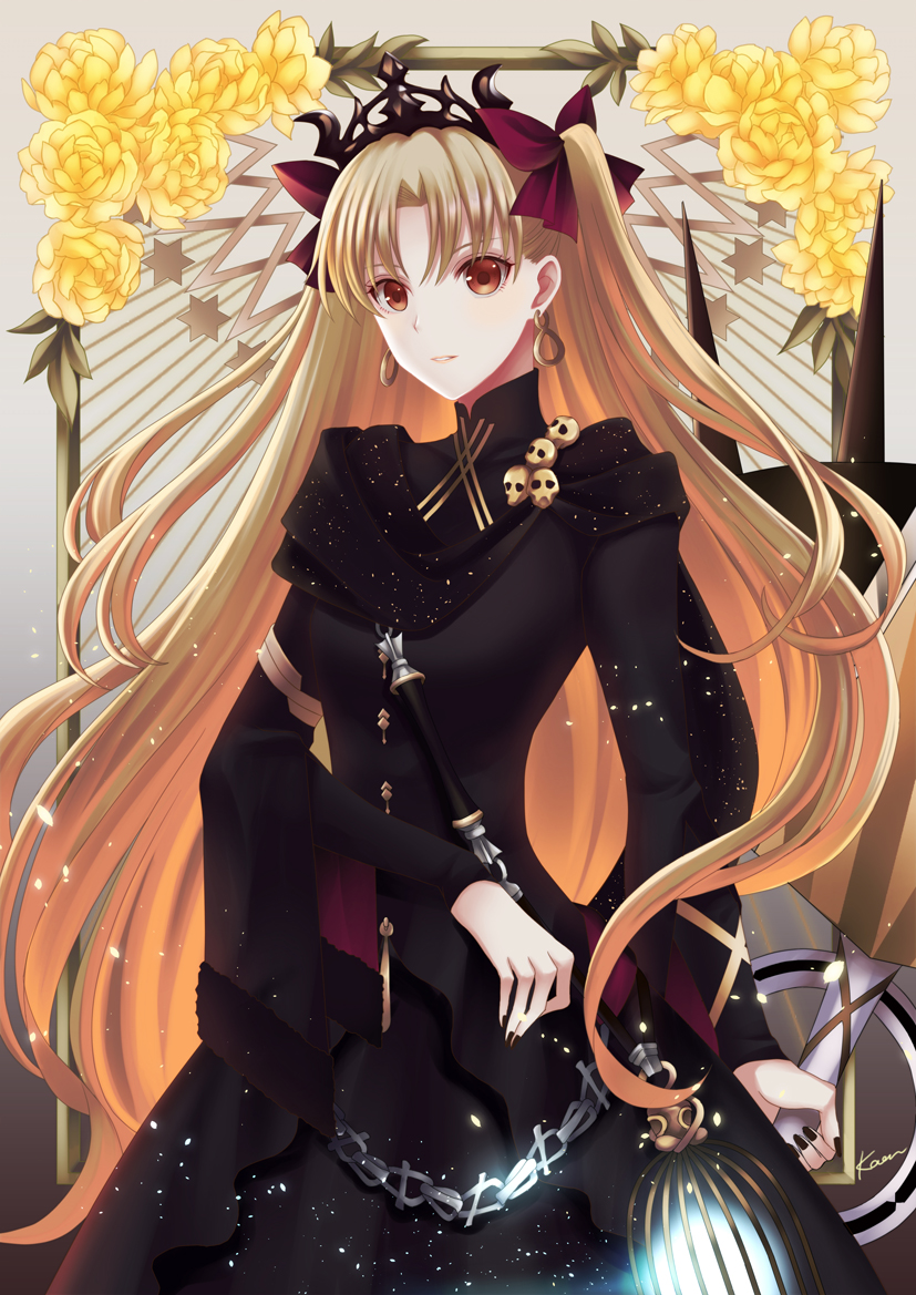 1girl, black_dress, black_nails, blonde_hair, bow, brown_eyes, diadem, dress