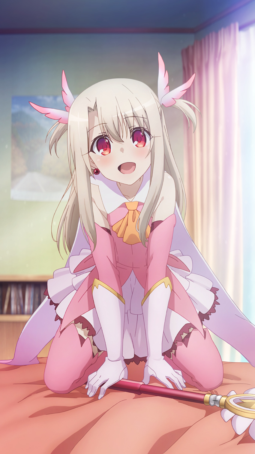 1girl, :d, absurdres, ascot, bed_sheet, bedroom, black_legwear, blurry