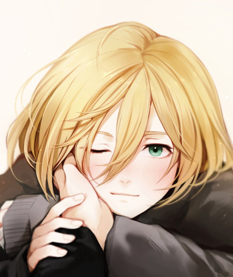 1boy, ;), blonde_hair, blush, closed_mouth, gradient, gradient_background, green_eyes
