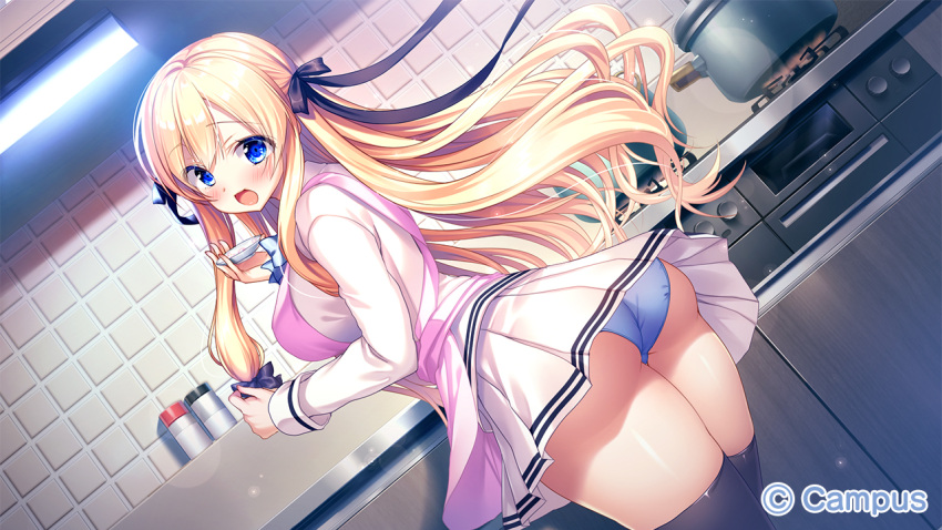 1girl, ama_ane_-my_sweet_sister-, apron, ass, ayuma_sayu, back, bangs, blazer, blonde_hair, blue_eyes, blue_panties, blush, bow, bowtie, breasts, crossed_bangs, eyebrows_visible_through_hair, floating_hair, from_behind, game_cg, hair_between_eyes, hair_bow, hair_ribbon, jacket, kujou_alice, large_breasts, long_hair, long_sleeves, looking_at_viewer, looking_back, official_art, open_mouth, panties, pleated_skirt, ribbon, school_uniform, skirt, smile, solo, thigh-highs, underwear