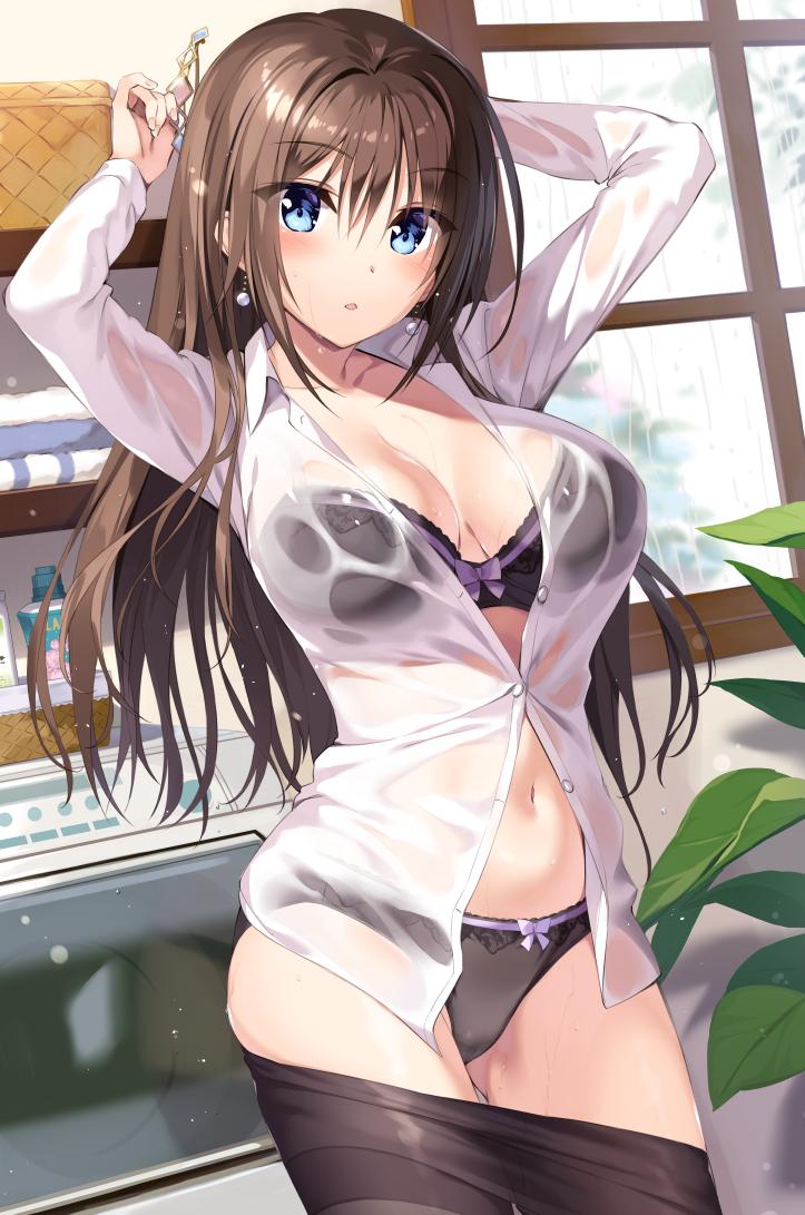 1girl, :o, bangs, black_bra, black_legwear, black_panties, blue_eyes, blush
