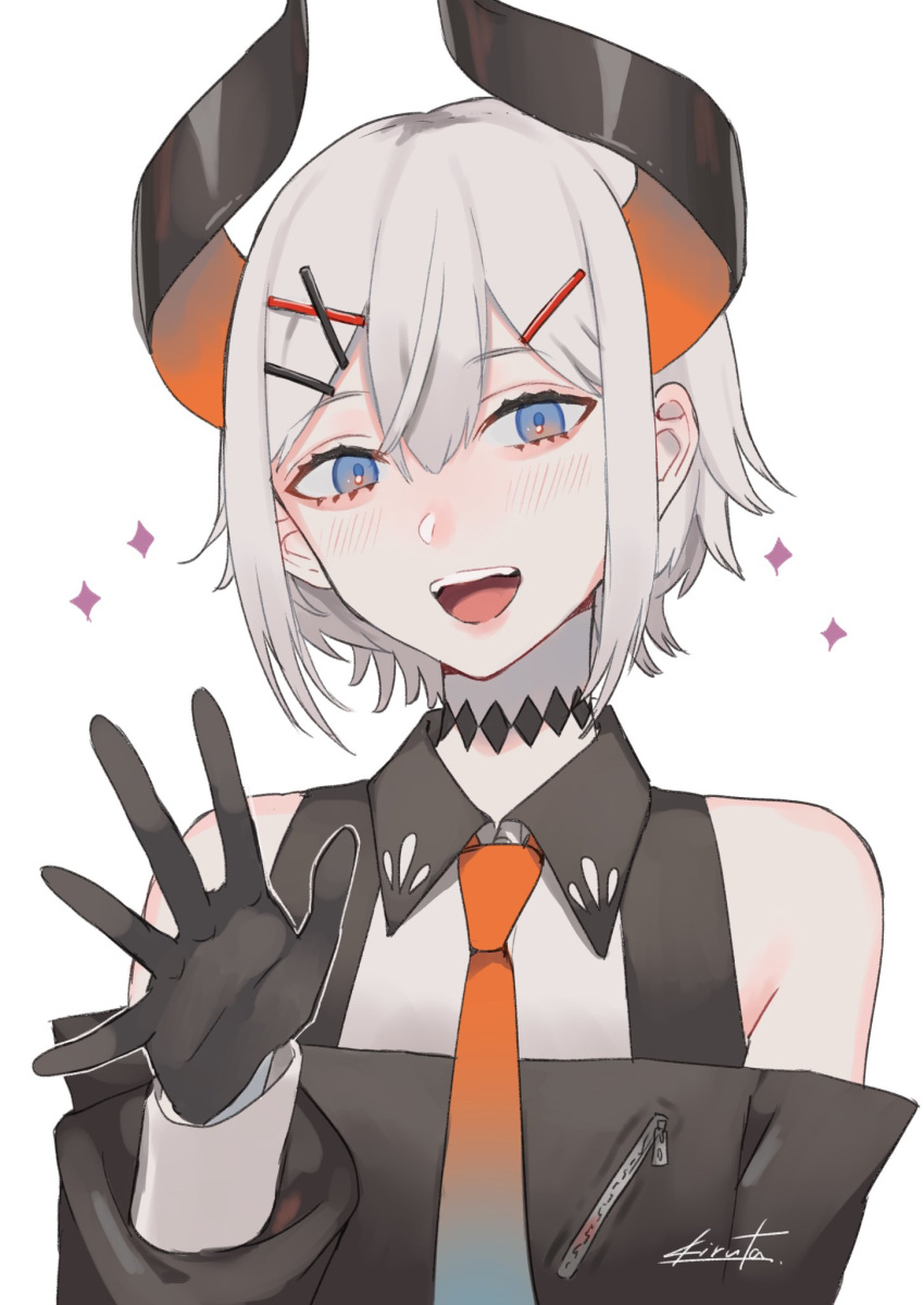 1girl, bare_shoulders, black_coat, black_gloves, blue_eyes, blue_neckwear, blush, commentary