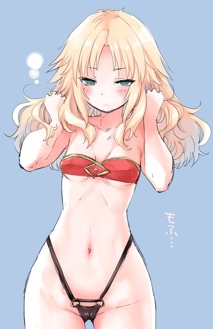 1girl, ass_visible_through_thighs, bandeau, blonde_hair, blue_background, blush, breasts, cowboy_shot
