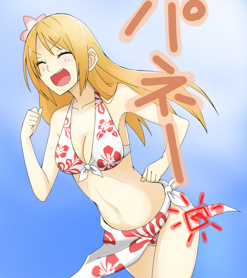 1girl, alternate_hair_color, armpits, bare_shoulders, beelzebub_(manga), bikini, blonde_hair, blue_sky