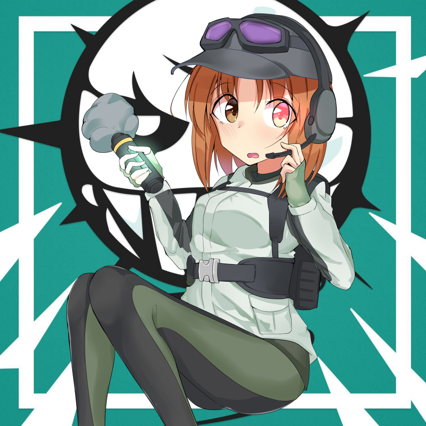 1girl, absurdres, adjusting_headset, antyobi0720, bangs, baseball_cap, black_headwear, blush