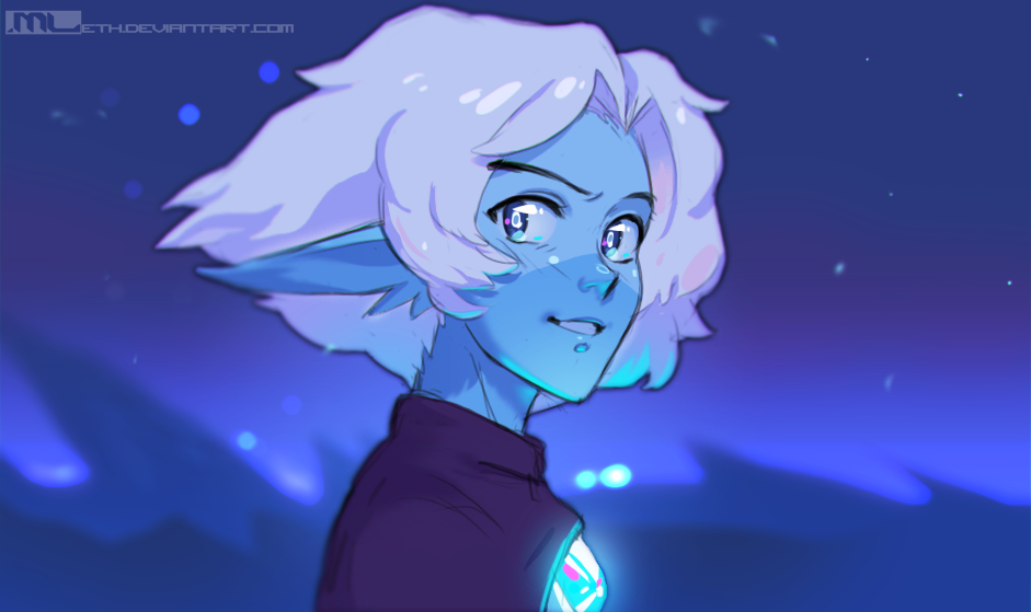 1other, blue_eyes, blue_skin, commentary, dan_avidan, gem, mathias_leth, night, pointy_ears, science_fiction, short_hair, silver_hair, solo, starlight_brigade, upper_body