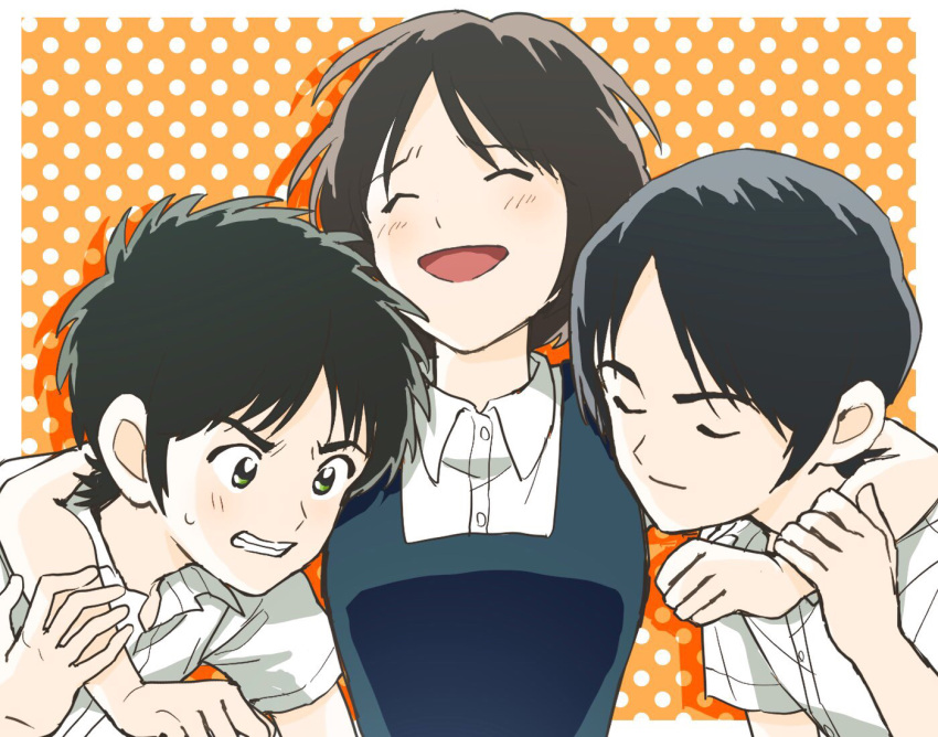 1girl, 2boys, :d, arms_around_neck, black_hair, blush, brother_and_sister, brothers