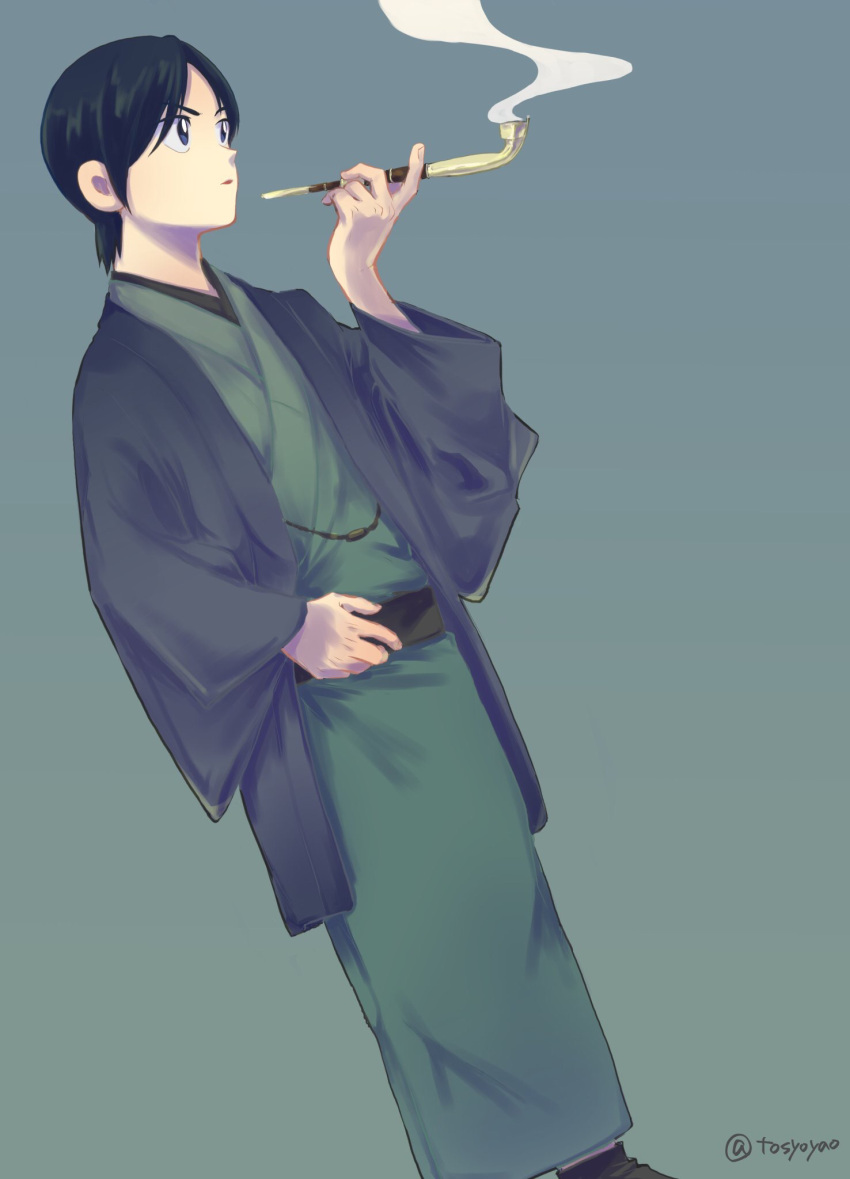 1boy, black_hair, grey_background, hand_up, highres, japanese_clothes, kimono, kiseru