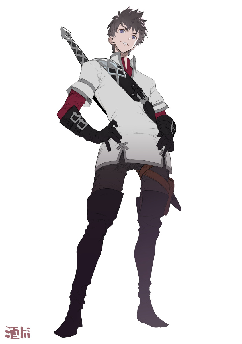 1boy, absurdres, black_footwear, black_gloves, boots, brown_hair, buckle, commentary_request