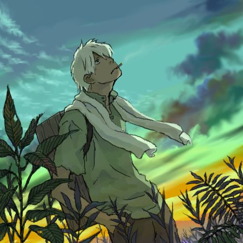 ginko, hair_over_one_eye, lowres, male, mushishi, sakai_yume, scarf, sky
