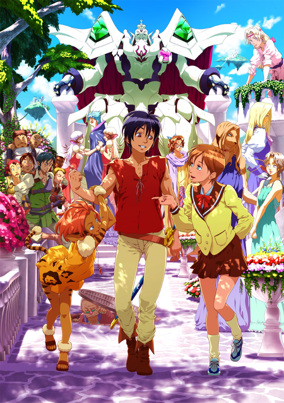 allen_schezar, black_hair, bow, breasts, brown_hair, closed_mouth, commentary_request, escaflowne