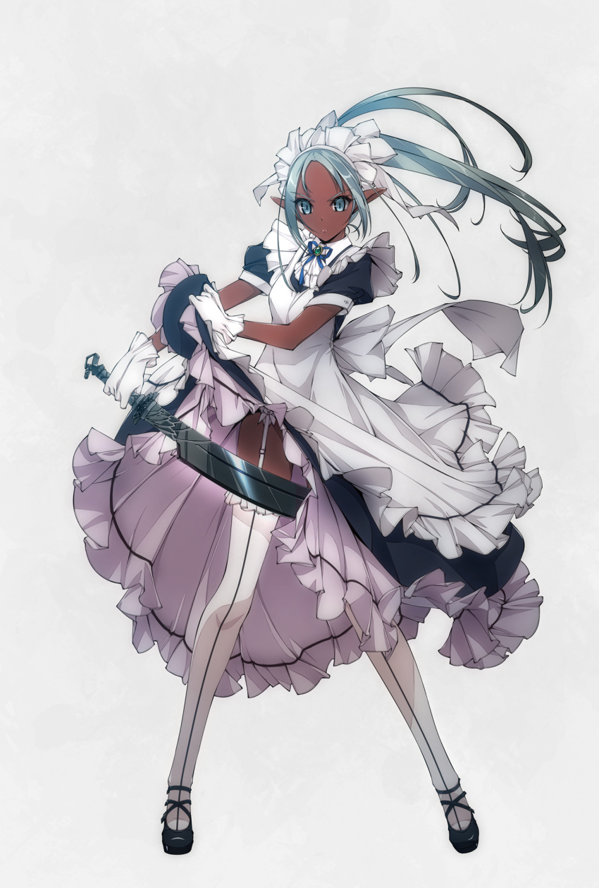 1girl, apron, black_footwear, blue_eyes, blue_hair, blue_neckwear, blue_ribbon, brooch