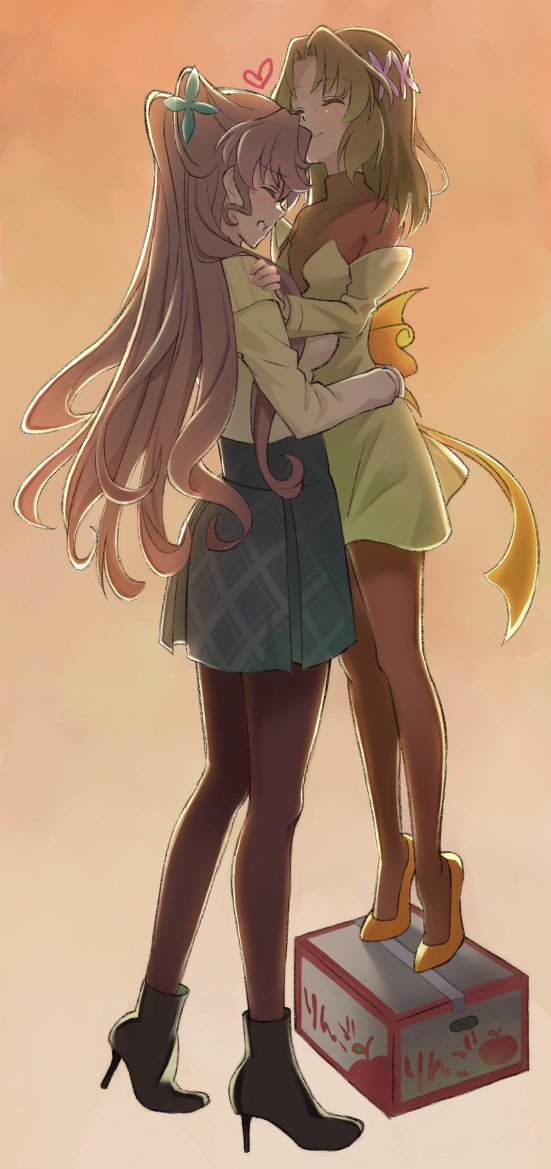 2girls, box, brown_hair, butterfly_hair_ornament, closed_eyes, dress, forehead_kiss, hair_ornament