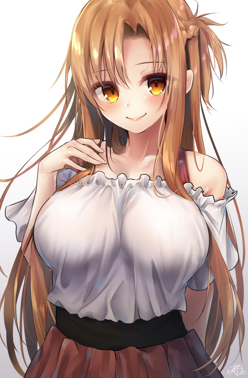 1girl, asuna_(sao), bangs, blush, braid, breasts, brown_eyes, brown_hair, brown_skirt, closed_mouth, collarbone, commentary_request, eyebrows_visible_through_hair, gradient, gradient_background, grey_background, hair_between_eyes, hand_up, highres, large_breasts, long_hair, looking_at_viewer, off-shoulder_shirt, off_shoulder, one_side_up, pleated_skirt, puffy_short_sleeves, puffy_sleeves, ramchi, shirt, short_sleeves, signature, skirt, smile, solo, sword_art_online, very_long_hair, white_background, white_shirt