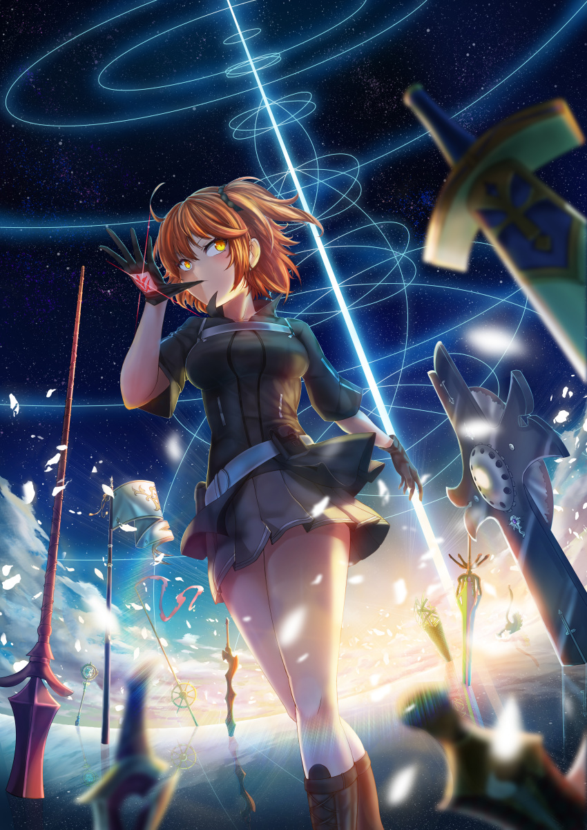 1girl, absurdres, aestus_estus, black_gloves, black_scrunchie, black_shirt, black_skirt, brown_hair