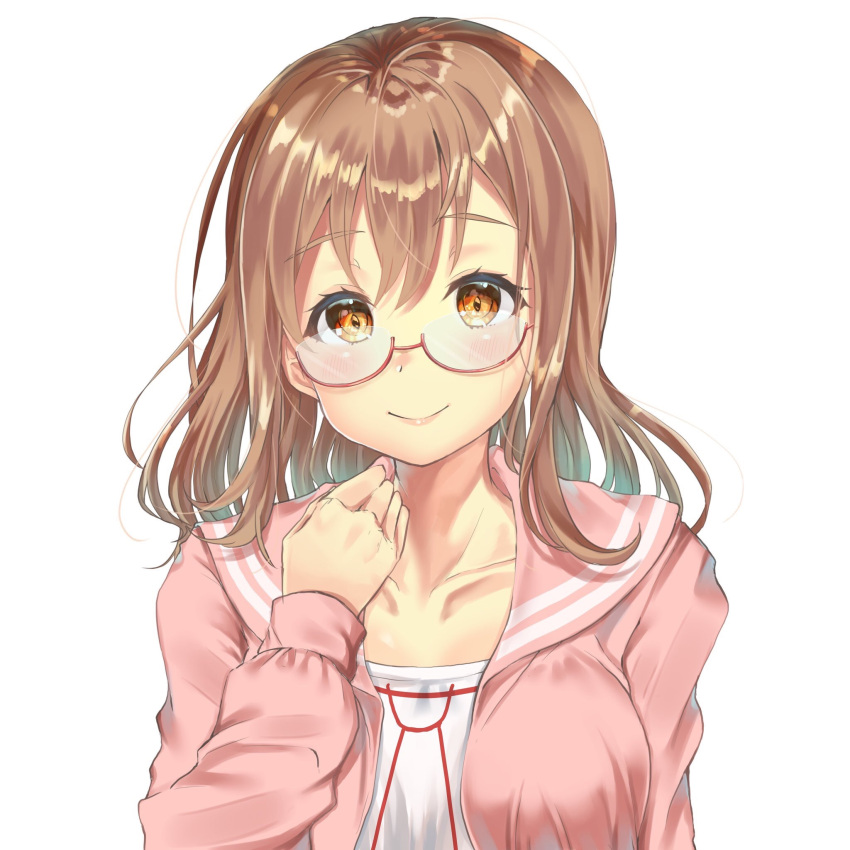 1girl, brown_eyes, brown_hair, collarbone, eyebrows_visible_through_hair, glasses, hair_between_eyes, highres