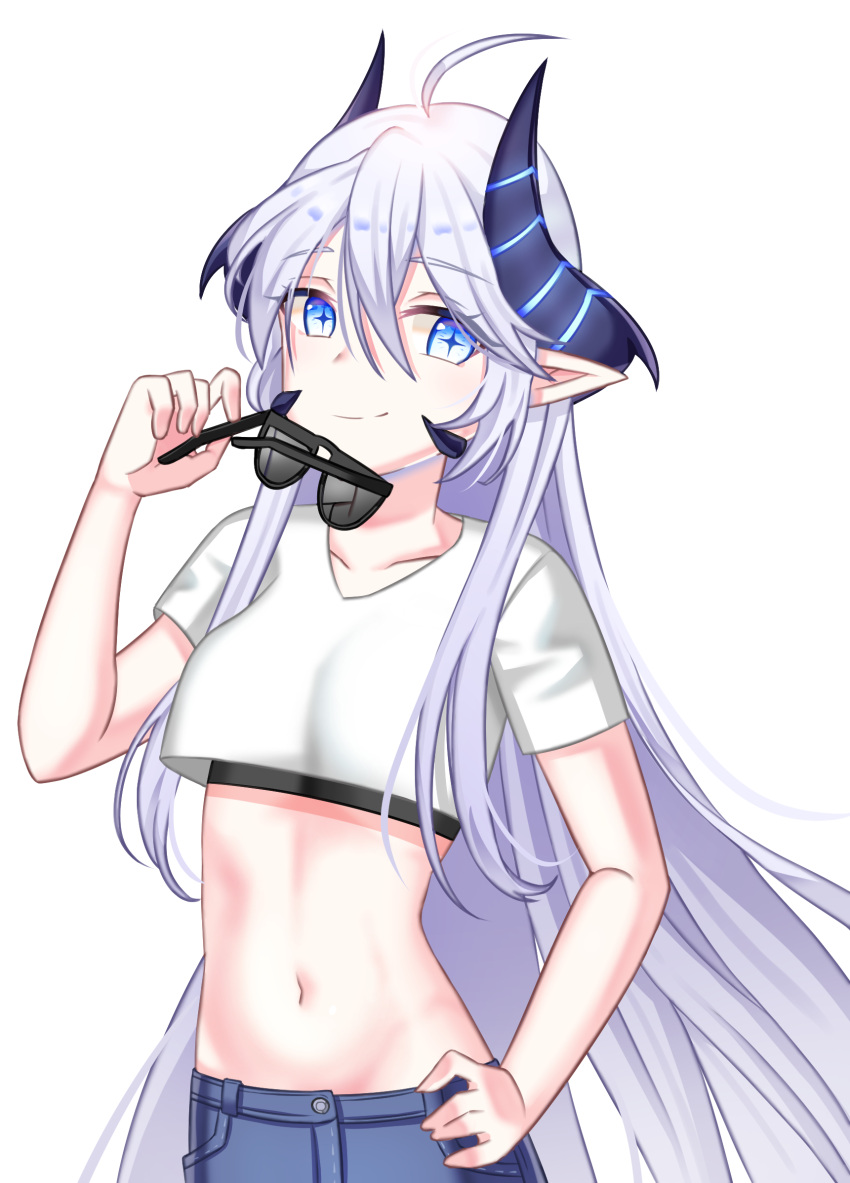 1girl, ahoge, black-framed_eyewear, blue_eyes, collarbone, cookiegoon, crop_top, elsword