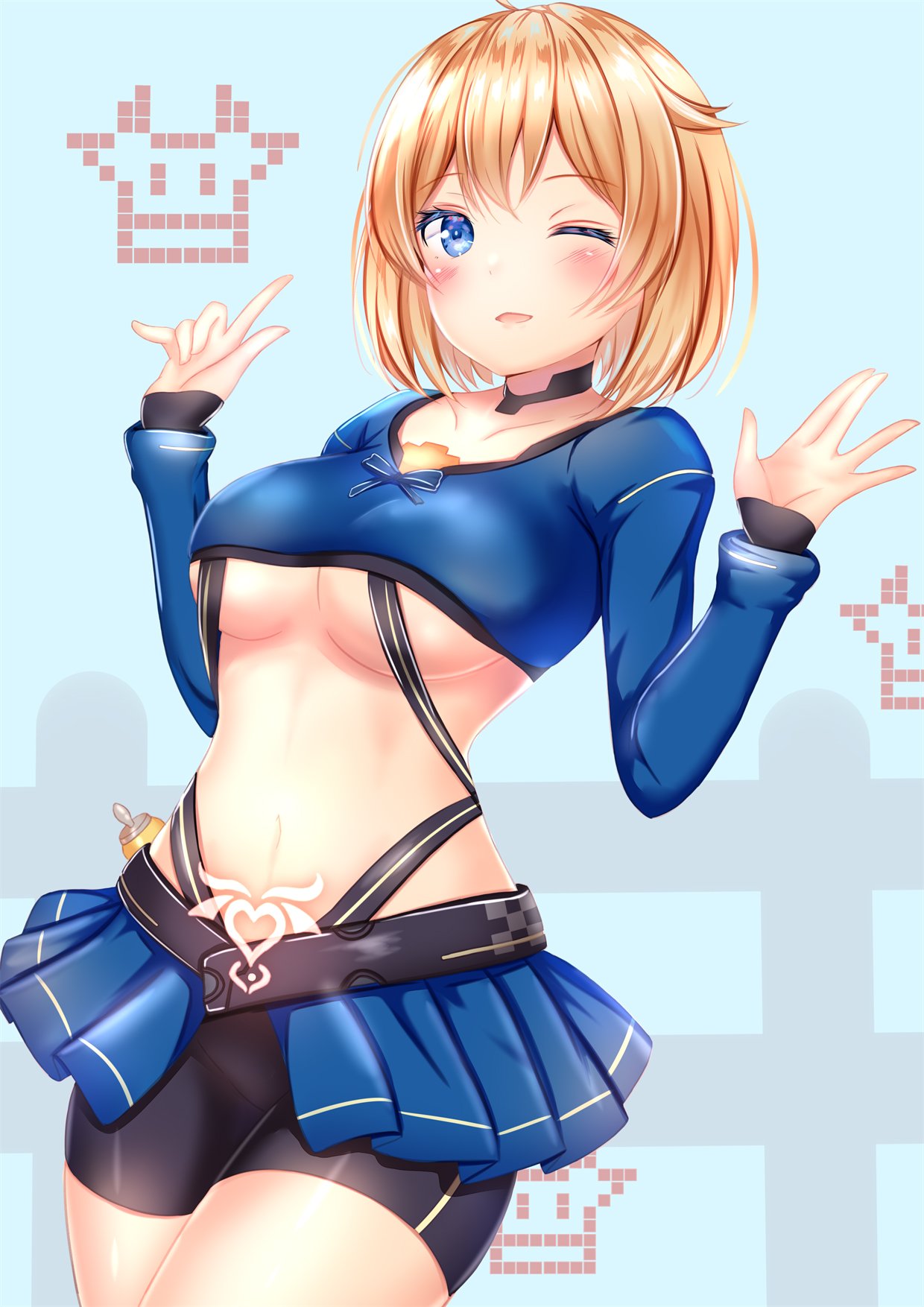 .live, 1girl, ;d, ahoge, bike_shorts, black_shorts, blonde_hair, blue_bow, blue_eyes, blue_shirt, blue_skirt, blush, bottle, bow, breasts, choker, collarbone, commentary, cowboy_shot, crop_top, hands_up, highleg, highres, long_sleeves, looking_at_viewer, medium_breasts, midriff, milk_bottle, miniskirt, navel, one_eye_closed, open_mouth, pleated_skirt, shirt, short_hair, short_shorts, shorts, showgirl_skirt, skirt, smile, solo, standing, stomach, under_boob, ushimaki_riko, virtual_youtuber, yuano